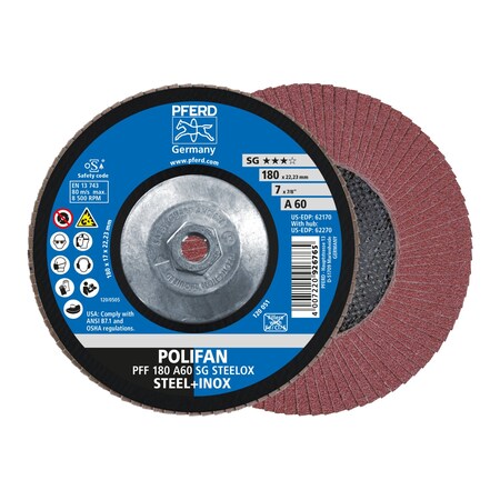 Pferd 7" x 5/8-11 Thd. POLIFAN Flap Disc - A SG STEELOX, Aluminum oxide, 60 Grit, Conical 62270